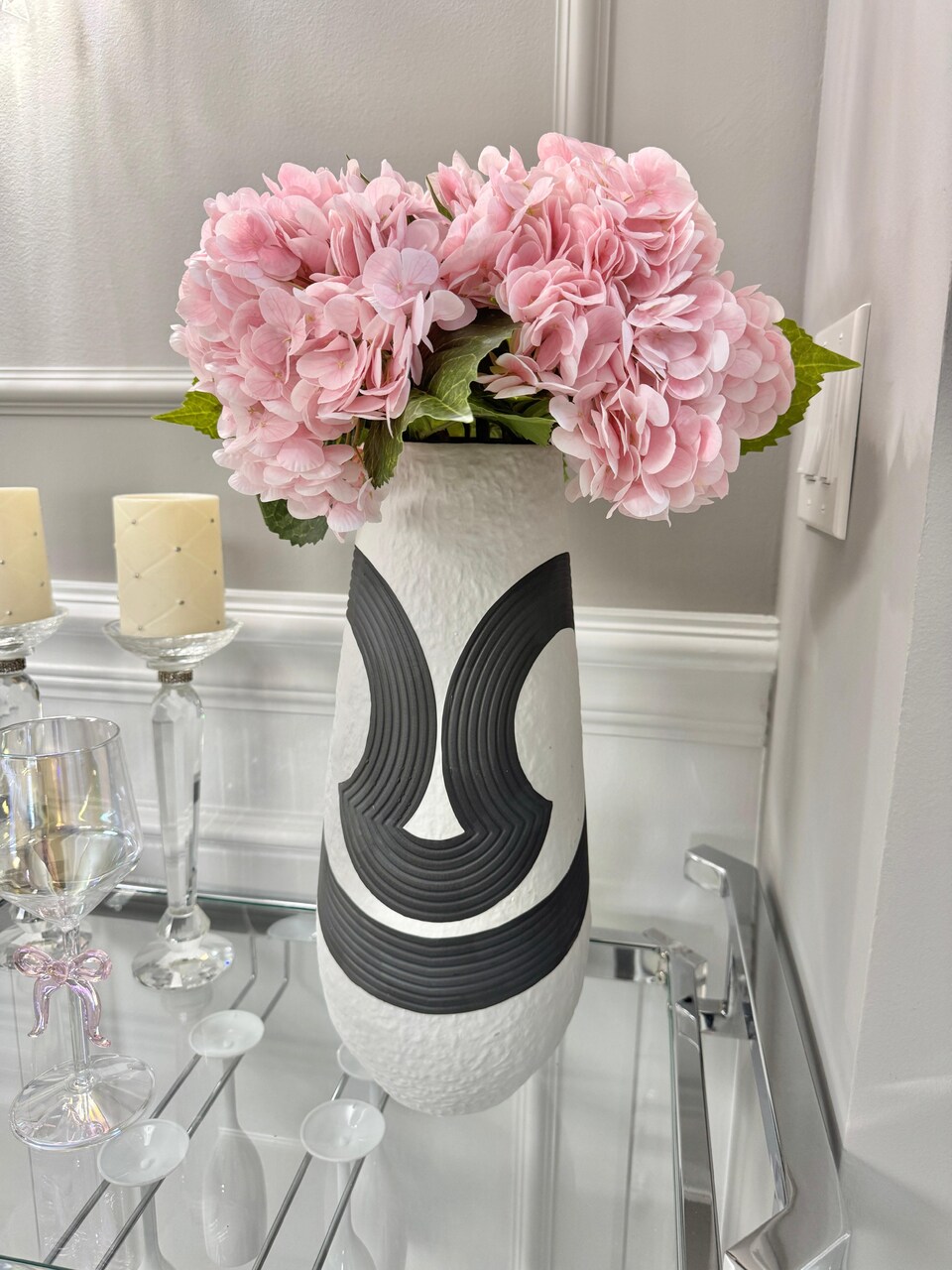 17" Noir Black & White Ceramic Vase, Modern Monochrome Home Decor Accent
